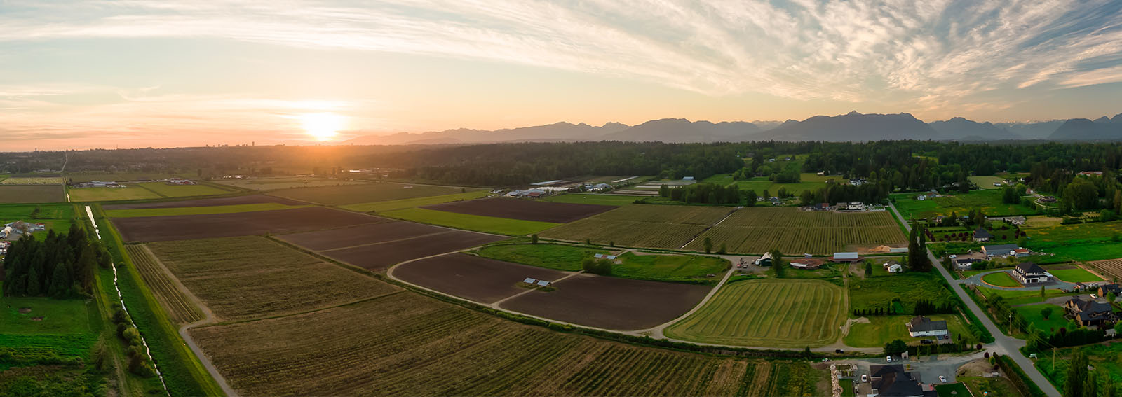 Aerial Panoramic View of Farm Fields during Sunset.