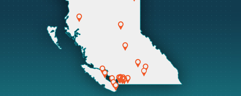 Graphic of a map of BC with office locations pinned.