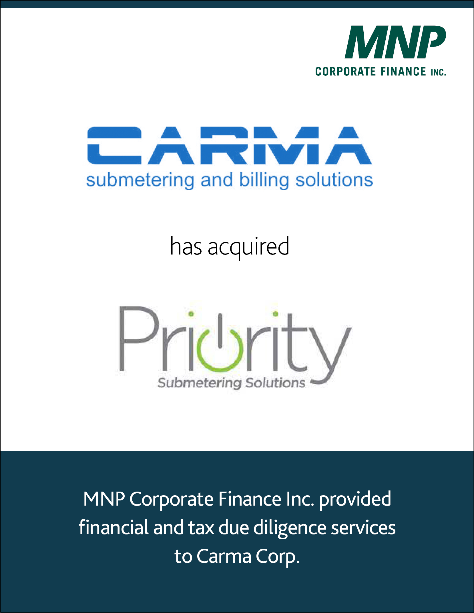 Carma Corp. has acquired  Priority Submetering Solutions Inc. and Priority Submetering Solutions, LLC