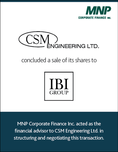 CSM Engineering LTD concluded a sale of its shares to IBI Group