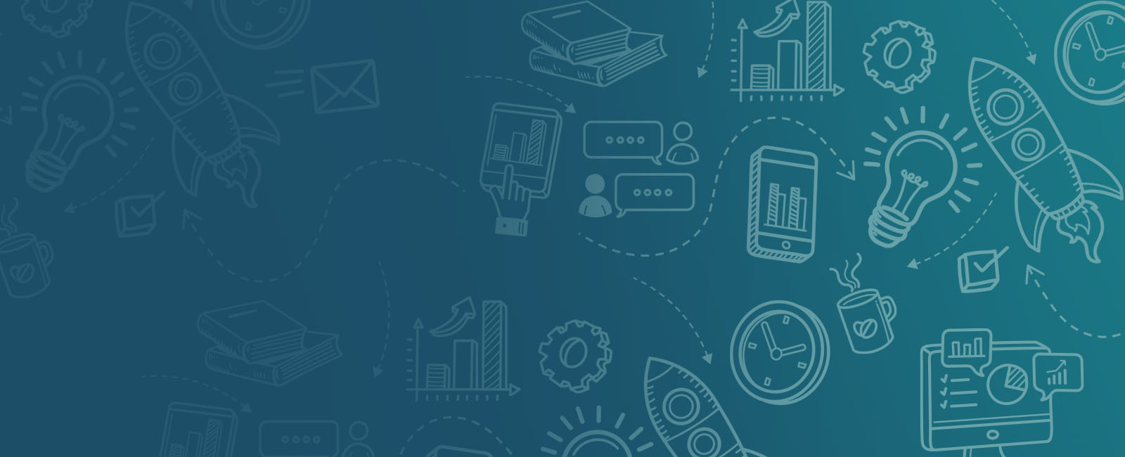 Blue background with white, faded icons.