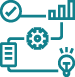 icons of a checkmark, bar graph, document, and lightbulb with arrows connecting them