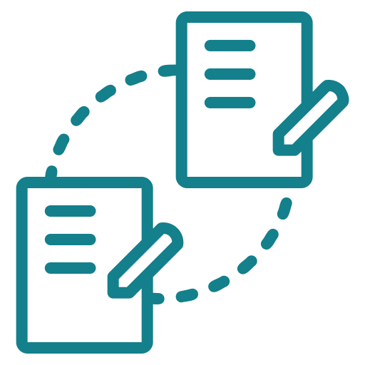 icon of 2 pieces of paper, connected by lines to represent exchanging a reference
