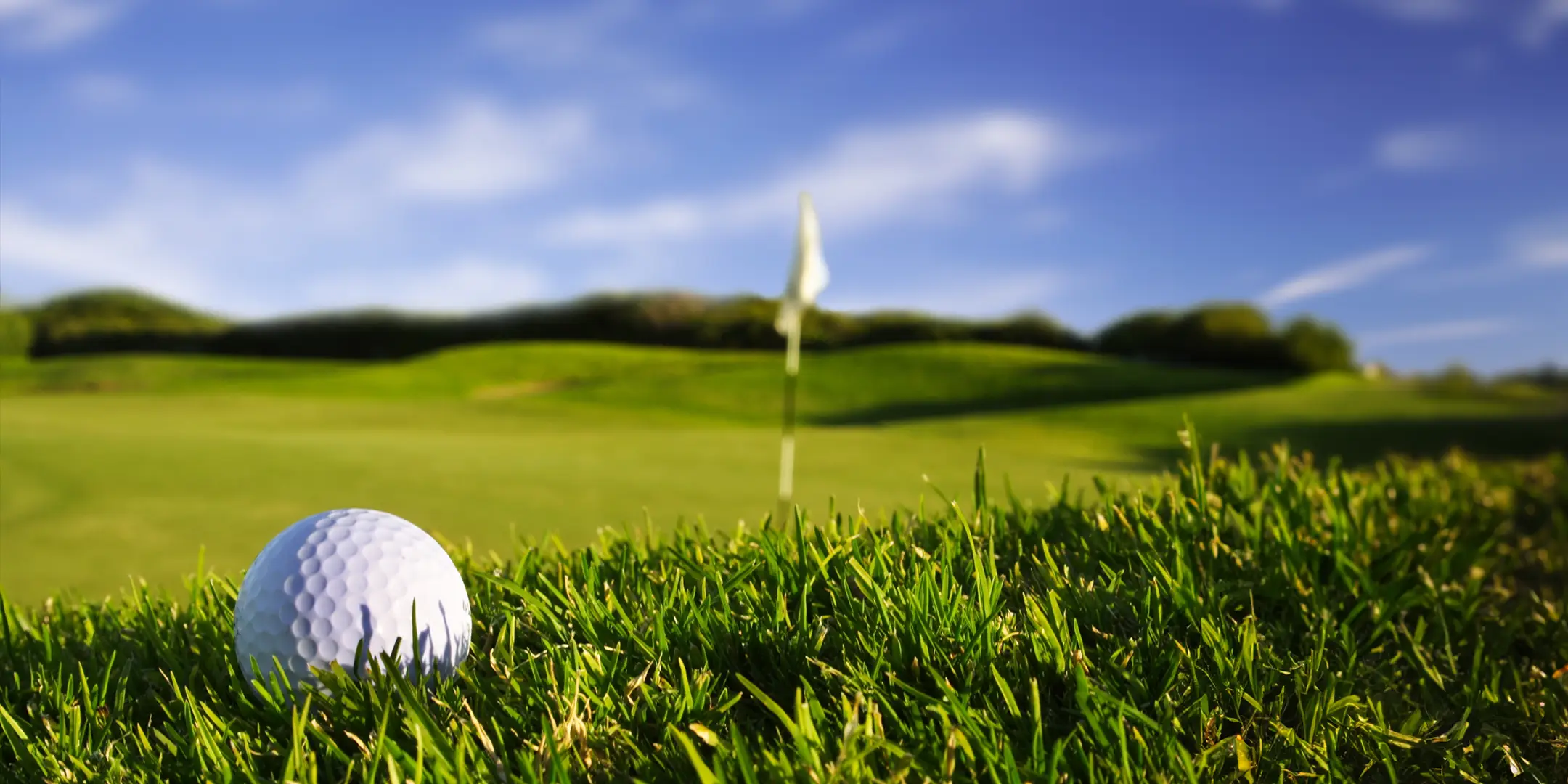 A golf ball on green grass with a flag in the background
