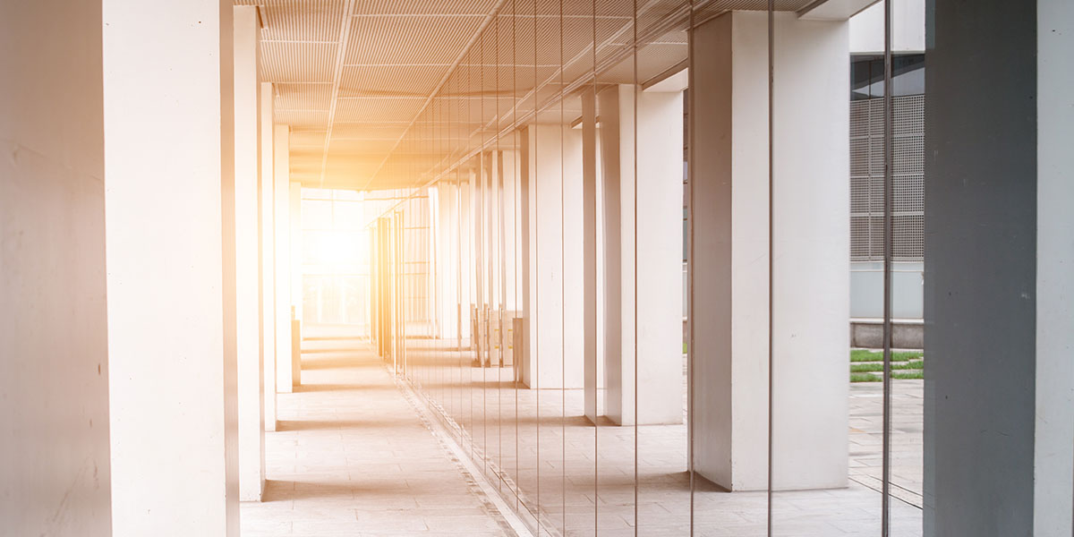 office hallway with sun shining down it