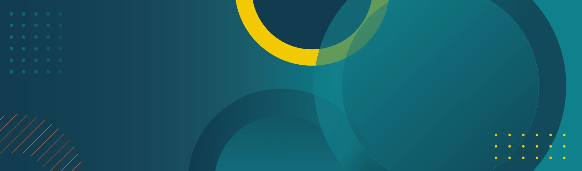 Abstract background with overlapping circles in shades of teal, blue, and green. A yellow arc is present at the top center. The design includes dotted patterns on the left and right sides.