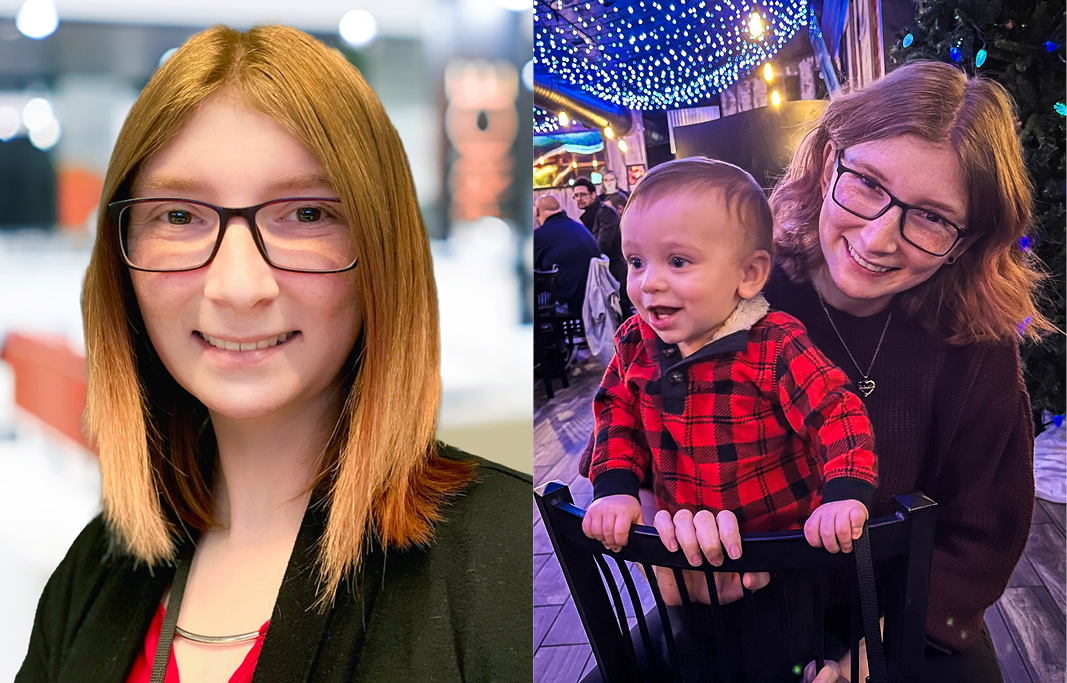 Headshot of Jill alongside a photo of Jill and their godchild at a restaurant.