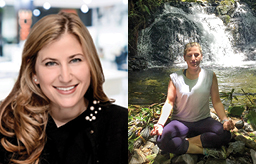 Split image: Jo Ann's headshot and Jo Ann crouching in front of a waterfall.
