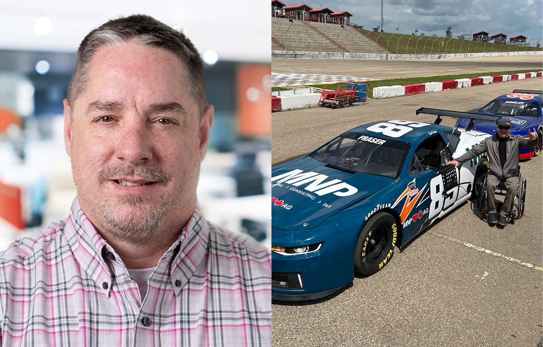 Portrait of Kane Fraser with a photo of him in a wheelchair next to an MNP branded race car.