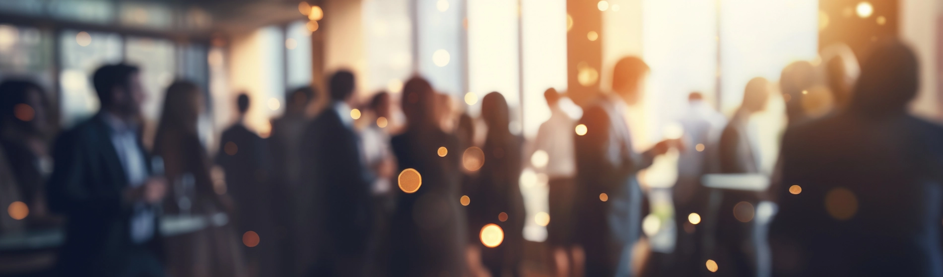 Un groupe de personnes socialisant dans un espace lumineux et moderne avec de grandes fenêtres et de douces lumières bokeh.