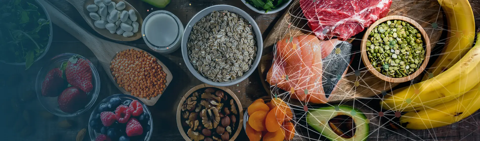 Variety of fresh foods on a wooden table