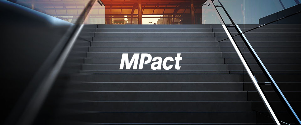 MPact publication cover, stairs leading up to a business reception