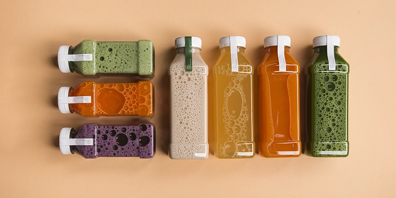 A flat lay of vegetable juices.
