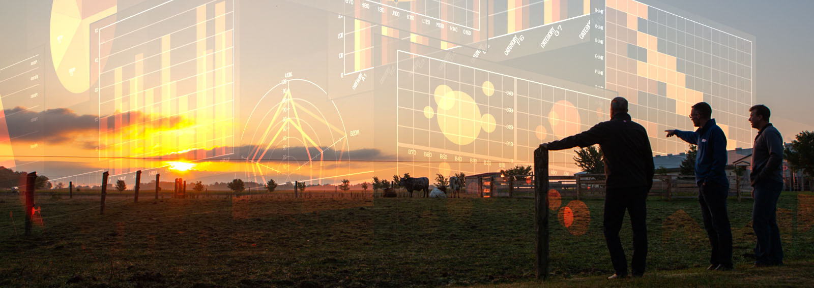 Three farmers looking out into a farm field with graph overlays on top of the image.