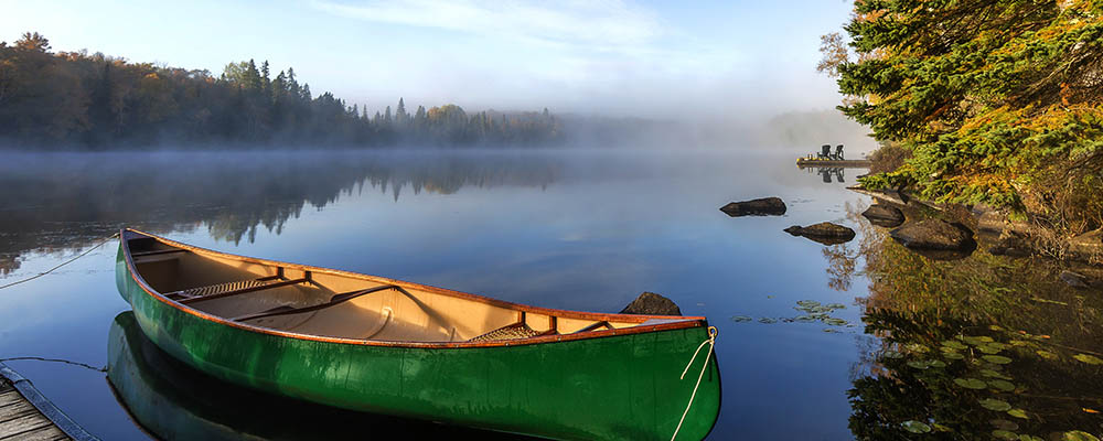 Canoë vert sur l'eau avec des arbres bordant la frontière