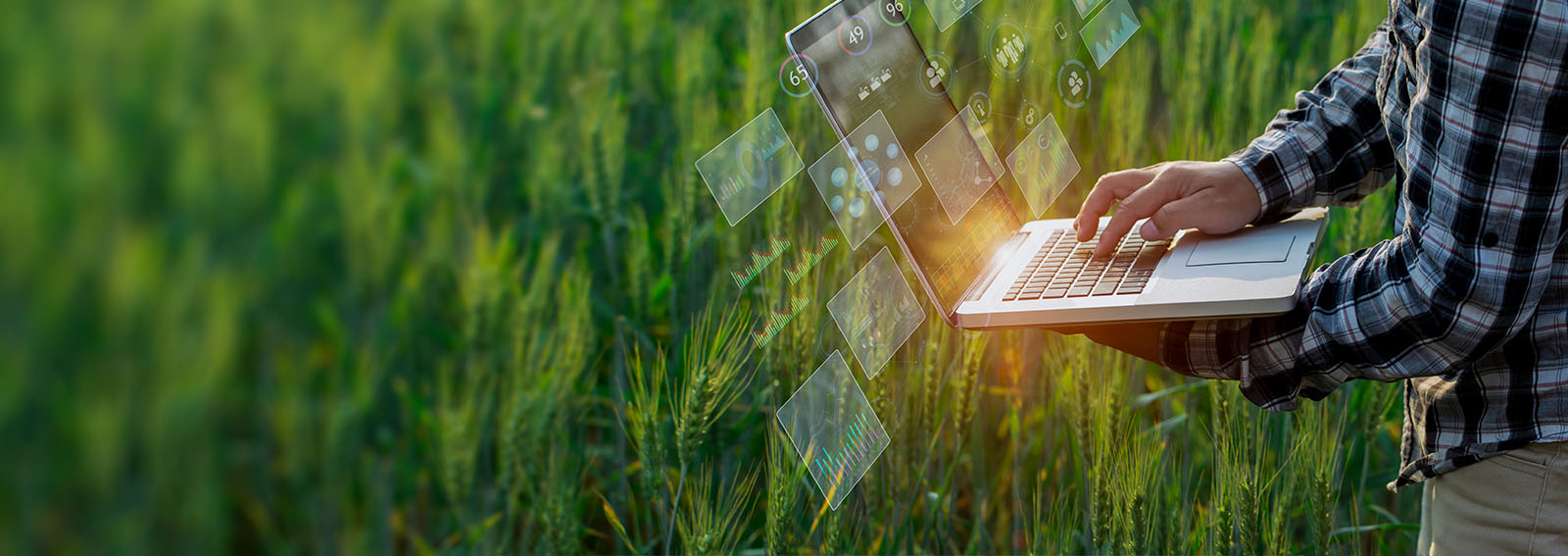 Farmer working on a laptop with data icons overlaid.