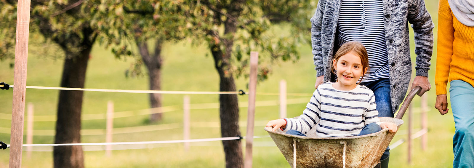 Senior couple with granddaughter gardening in the farmyard