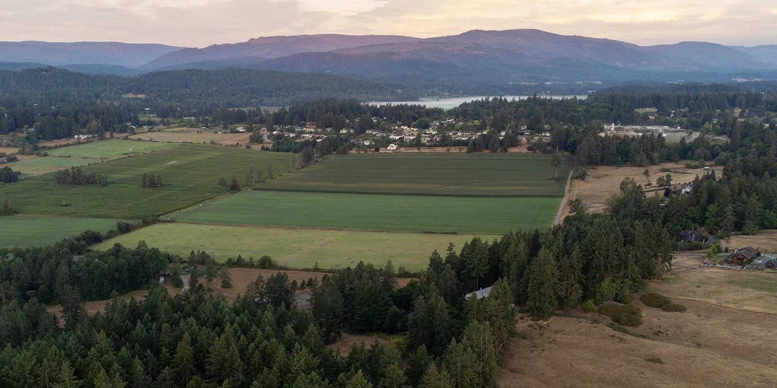 Arial view of farmlands with mountains in background