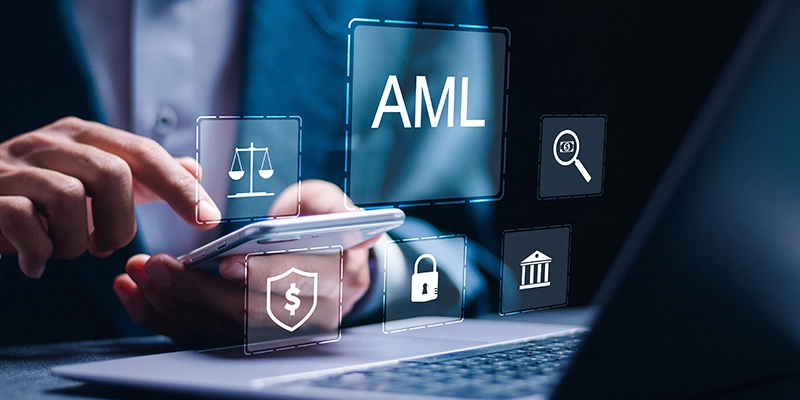 A person interacts with a smartphone displaying AML (Anti-Money Laundering) icons, illustrating compliance and security themes.