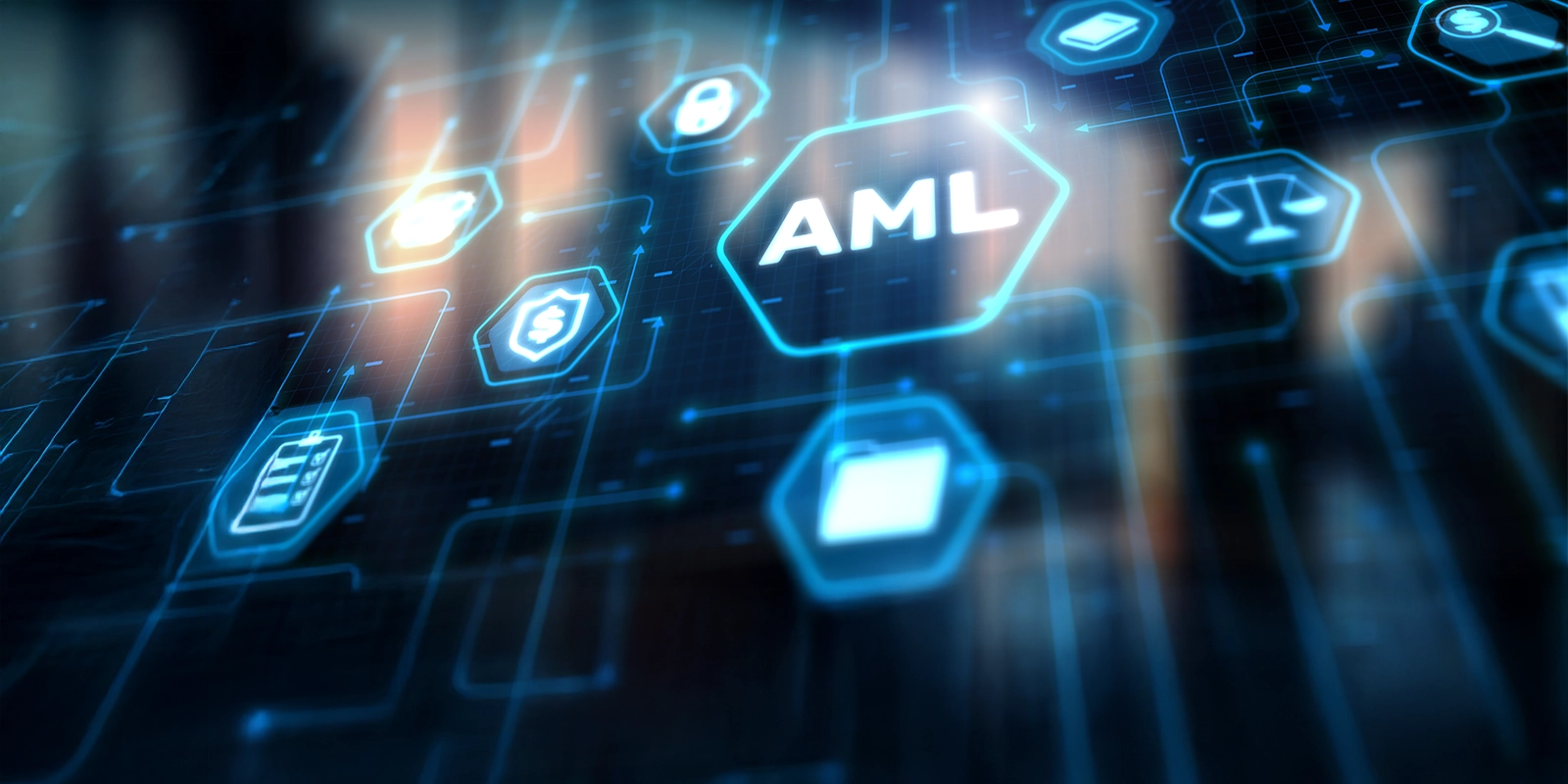 Digital interface displaying icons and connections related to Anti-Money Laundering (AML) regulations and compliance.