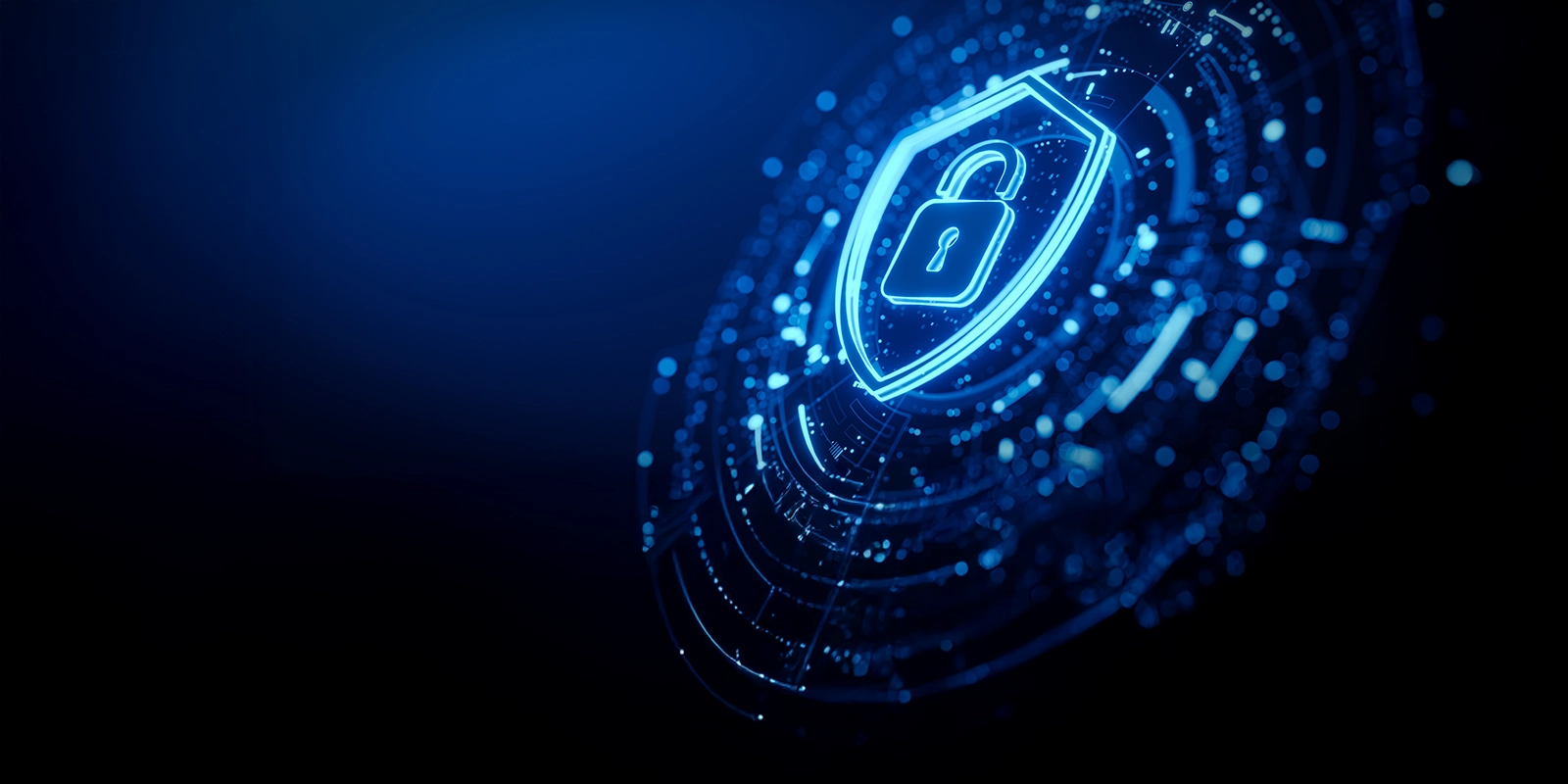 A glowing blue digital padlock inside a shield on a dark background, symbolizing cybersecurity