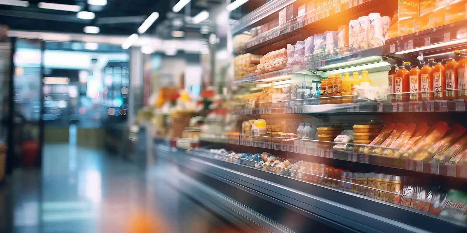 Vue d'une allée d'une épicerie avec des réfrigérateurs et des produits sur les étagères