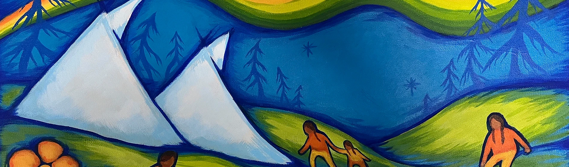 A colorful painting of a natural landscape with two large white triangular mountains against a blue sky with stylized tree shapes.