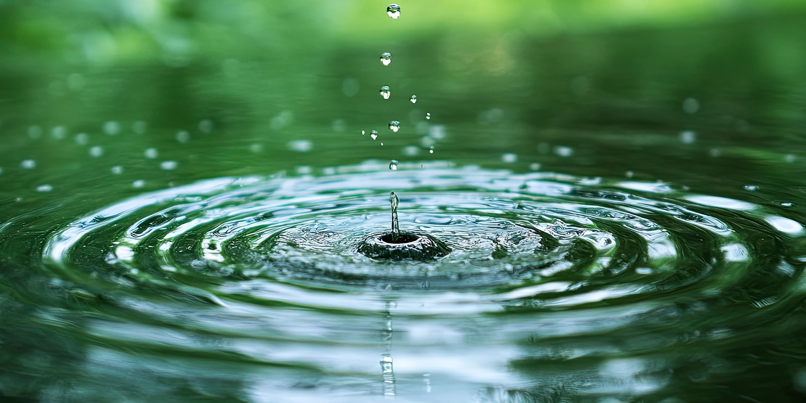 Drops of water falling into water causing a ripple effect