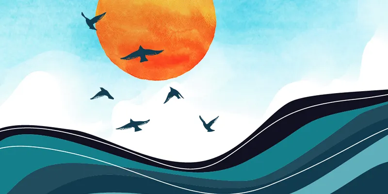 water color artwork of birds flying in front of the sun