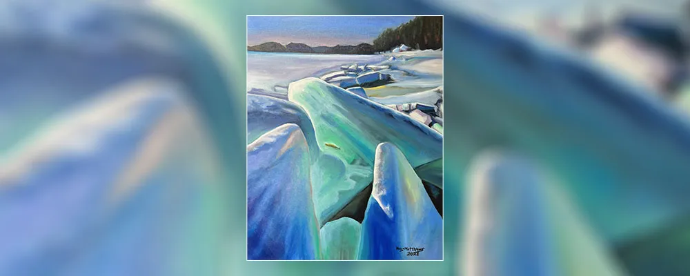 Hans Matthews de la communauté de la Première Nation Wahnapitae a peint cette peinture panoramique de glace de lac pendant la débâcle printanière