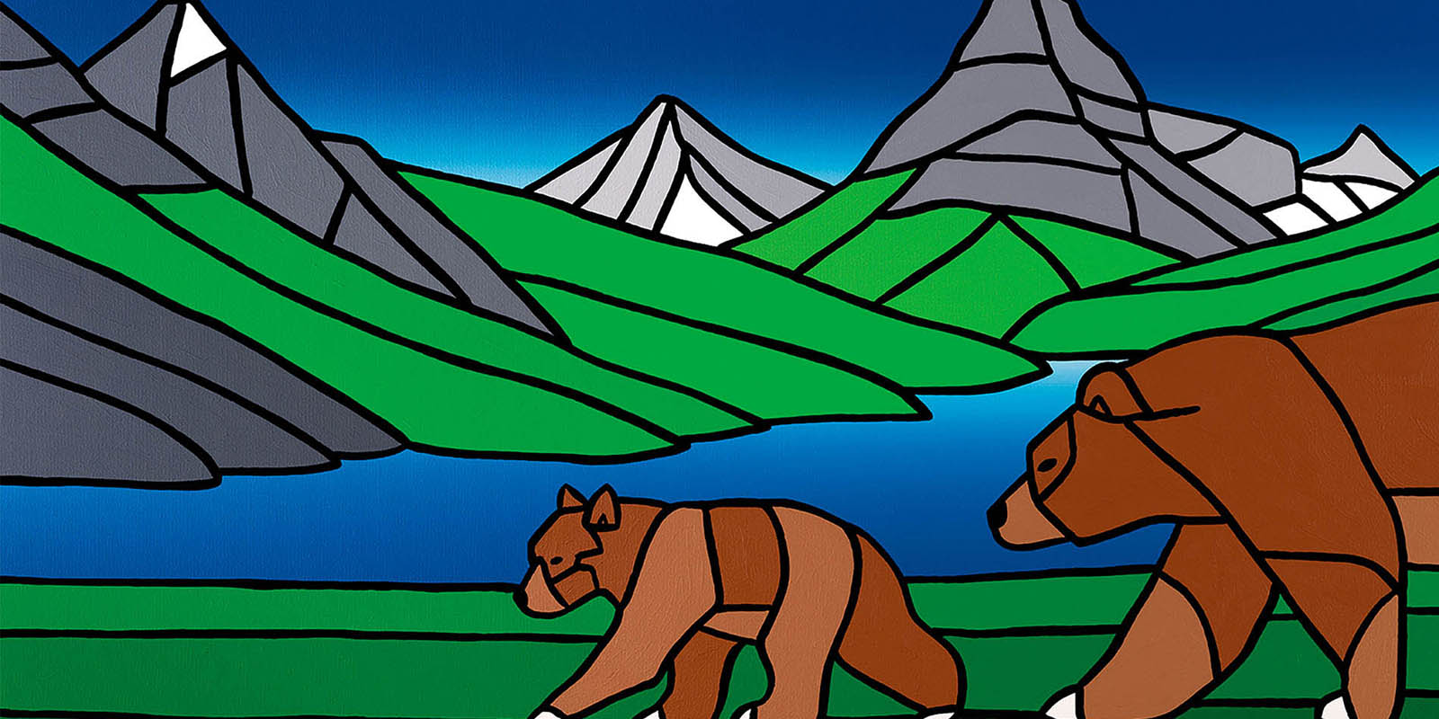 Painting of a mother bear and her cub walking in the mountains