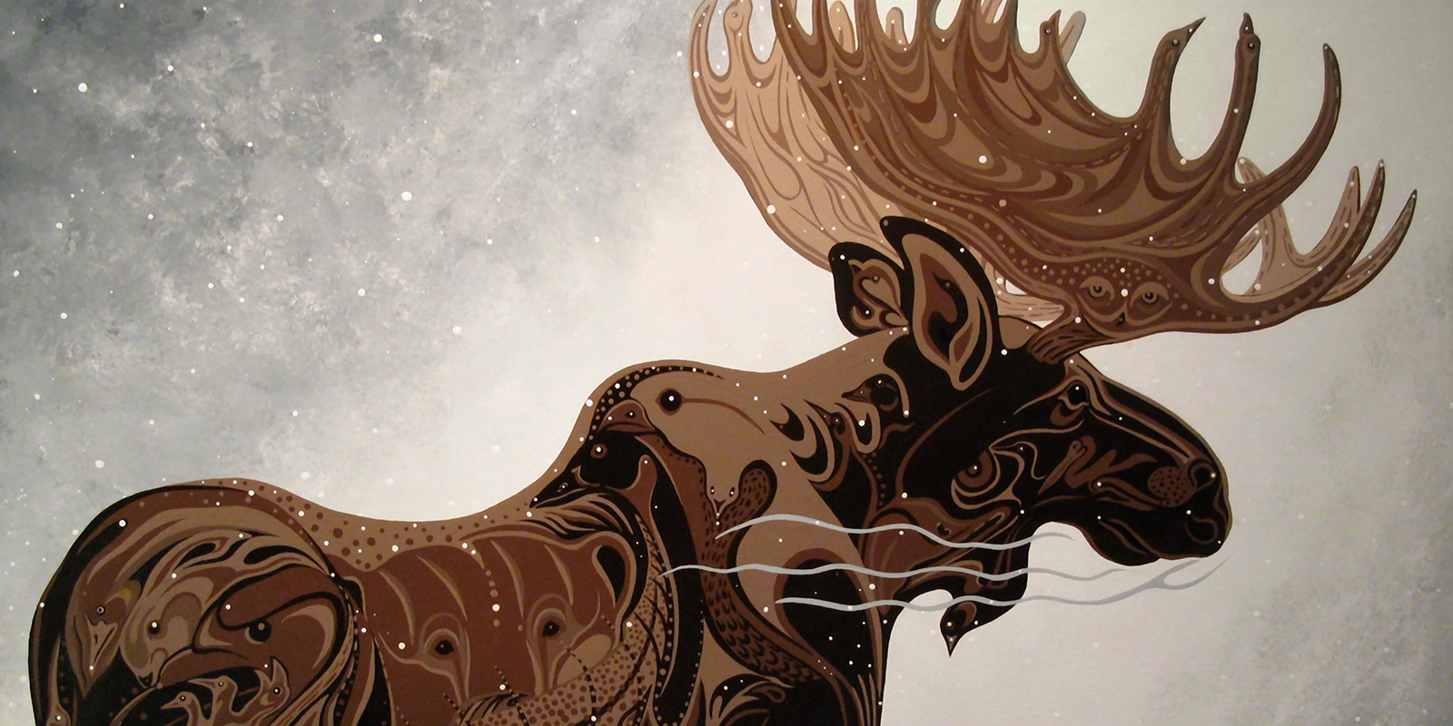 A stylized moose with swirling brown patterns on a gray textured background
