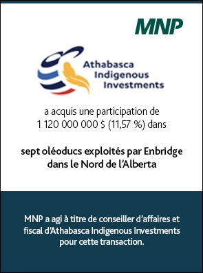 Athabasca Indigenous Investments a acquis une participation de 1 120 000 000 $ (11,57 %) dans sept oléoducs exploités par Enbridge dans le Nord de l’Alberta MNP a agi à titre de conseiller d’affaires et fiscal d’Athabasca Indigenous Investments pour cette transaction.