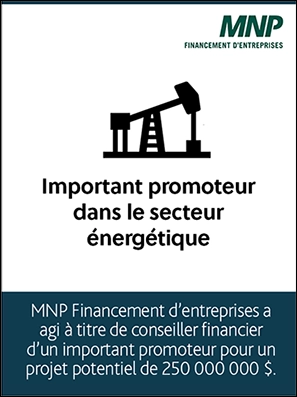Important promoteur dans le secteur énergétique MNP Financement d'entreprises a agi à titre de conseiller financier d’un important promoteur pour un projet potentiel de 250 000 000 $.