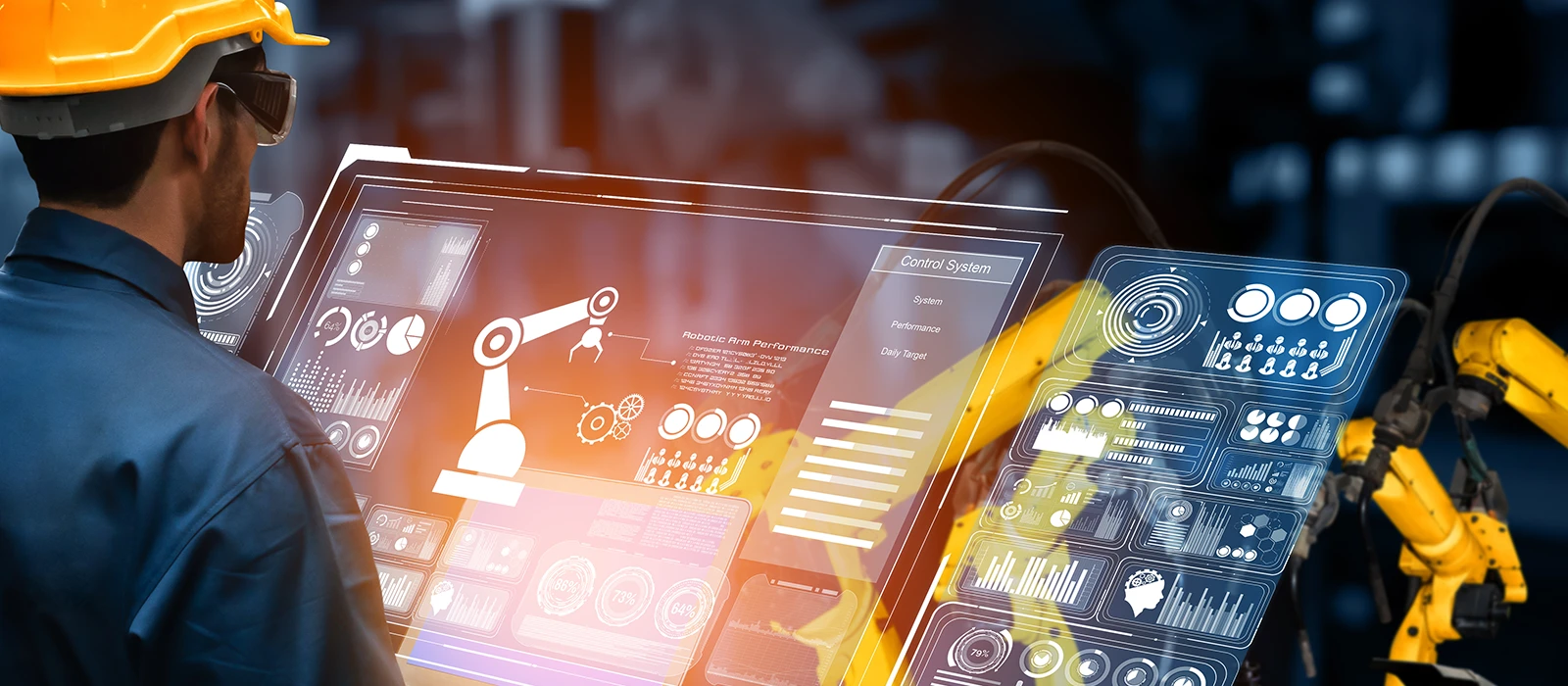 Smart industry robot arms for digital factory production technology showing automation manufacturing process