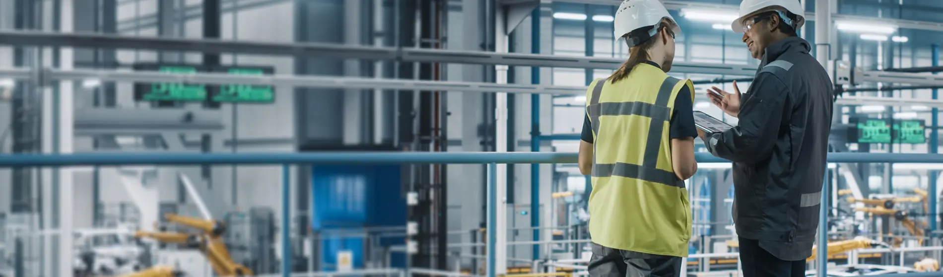 two workers in manufacturing facility talking