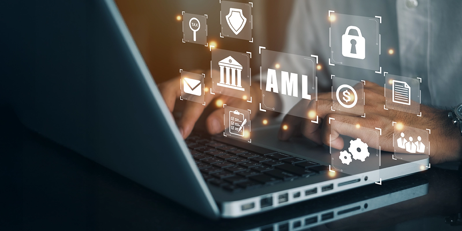 Man typing on keyboard with AML icons overlayed