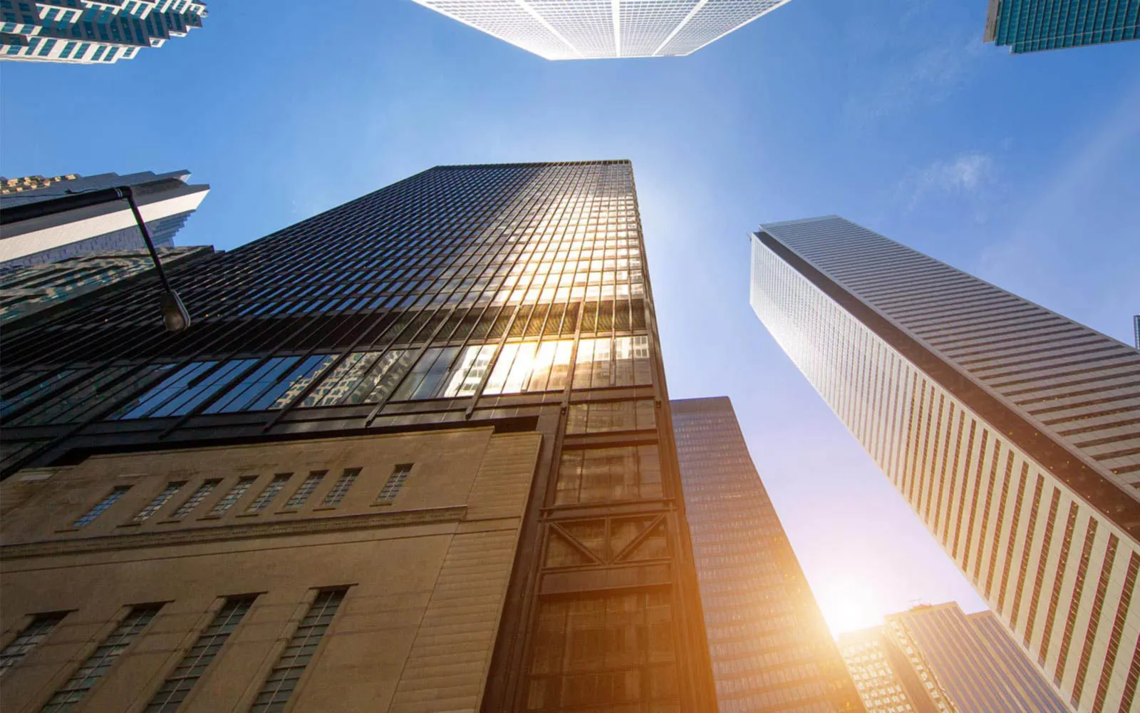 Ground level view of skyscrapers