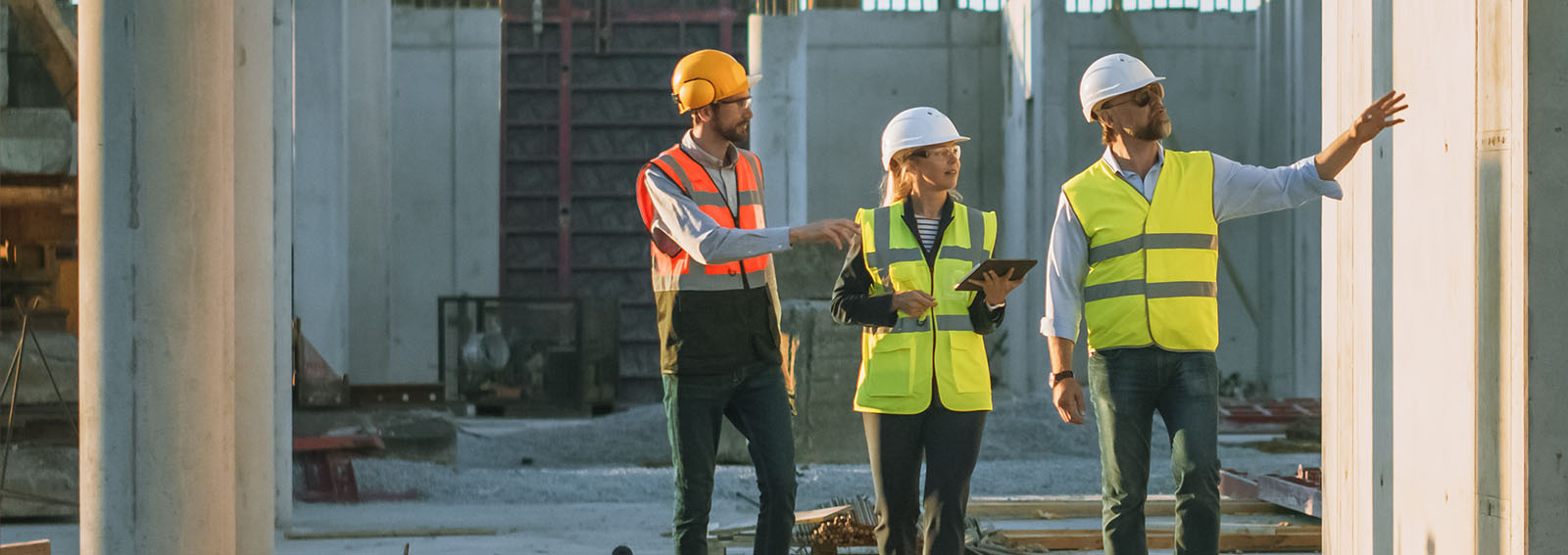 Construction workers reviewing documents on a tablet