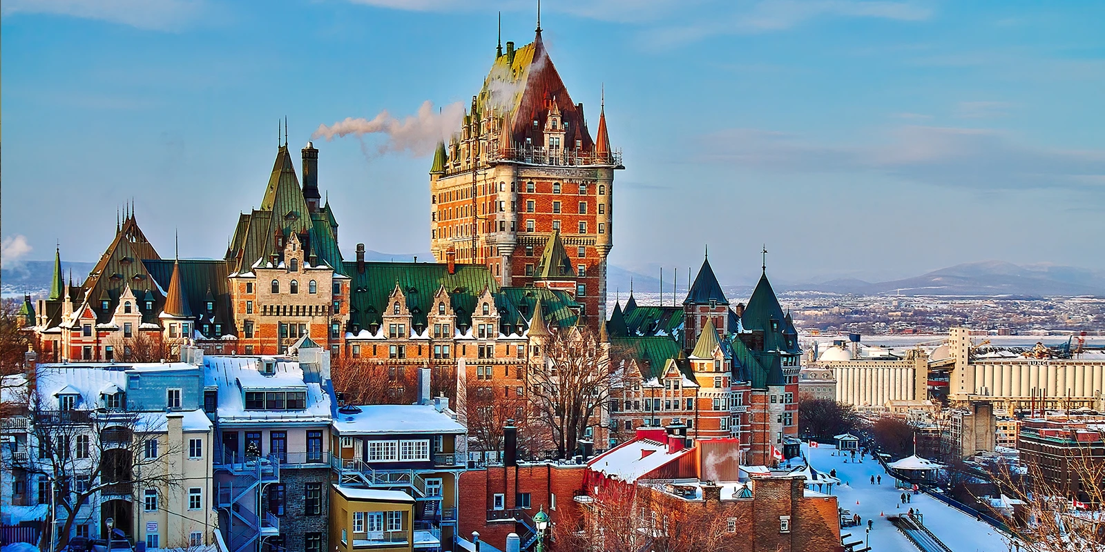 View of Chateau Frontenac hotel in Quebec City in the winter time.