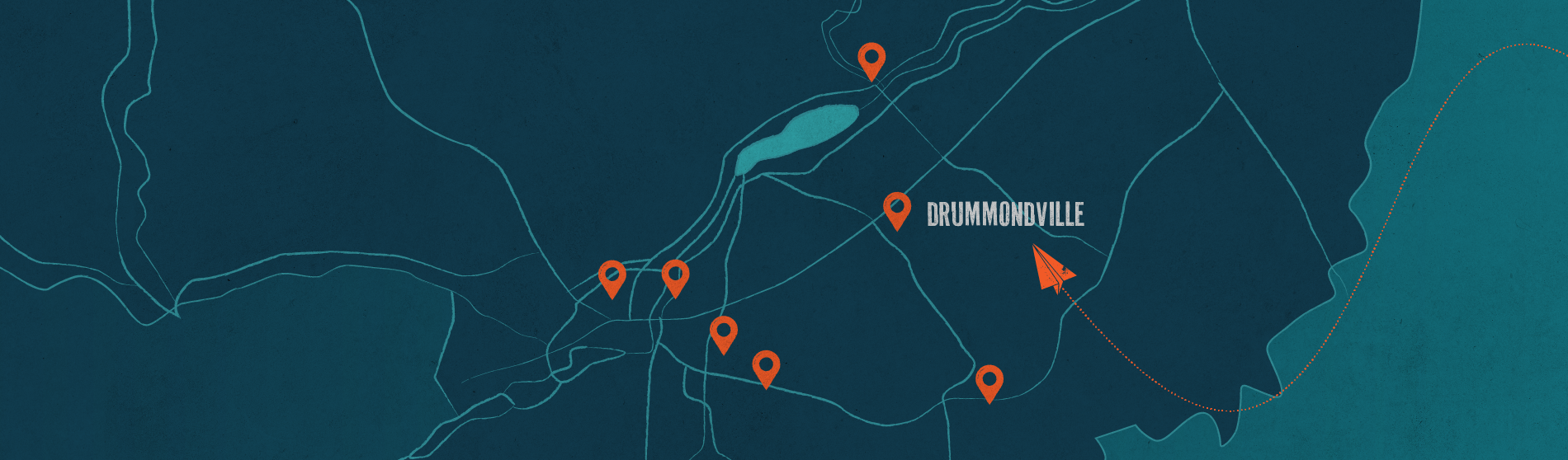Carte mettant en évidence Drummondville avec plusieurs emplacements marqués, sur fond sombre et stylisée avec des lignes pointillées.