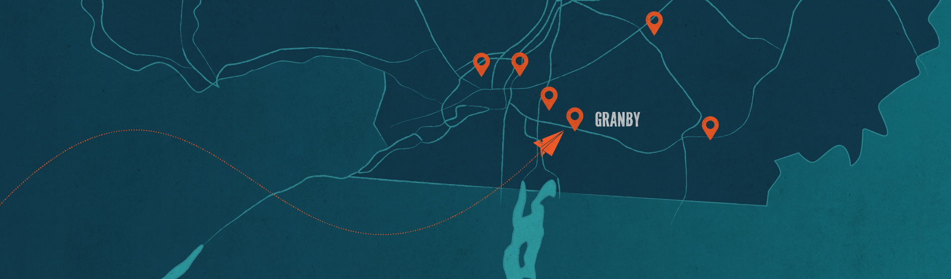 Carte mettant en évidence Granby avec plusieurs emplacements marqués, sur fond sombre et stylisée avec des lignes pointillées.