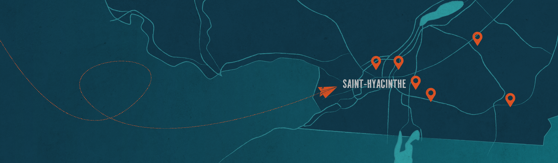 Carte mettant en évidence St. Hyacinthe avec plusieurs emplacements marqués, sur fond sombre et stylisée avec des lignes pointillées.