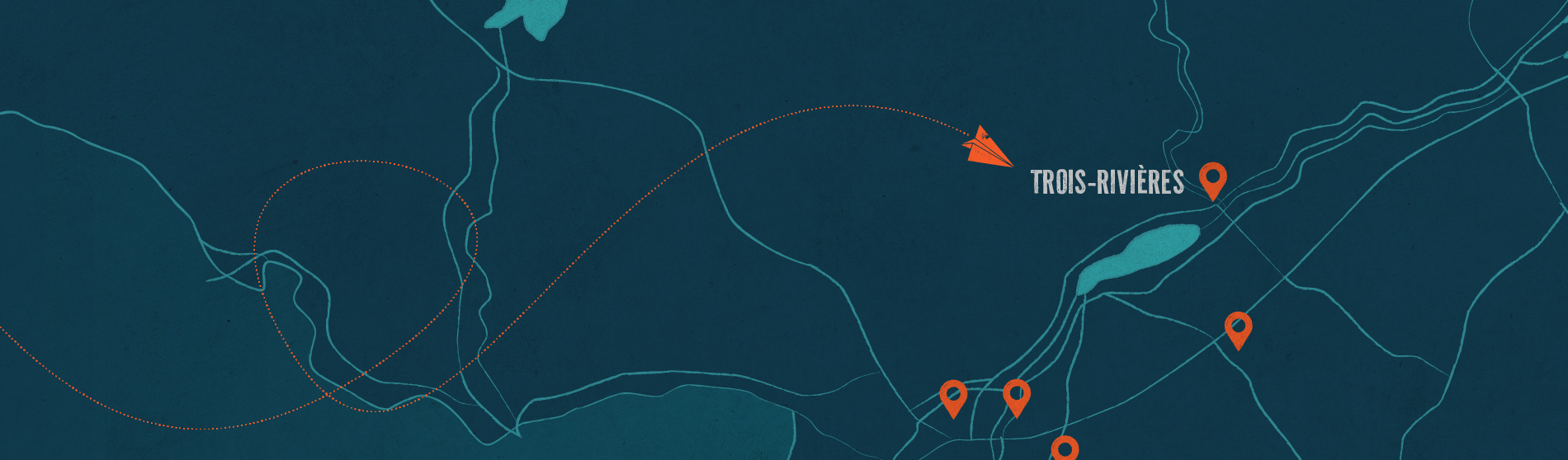 Carte mettant en évidence Trois-Rivières avec plusieurs emplacements marqués, sur fond sombre et stylisée avec des lignes pointillées.