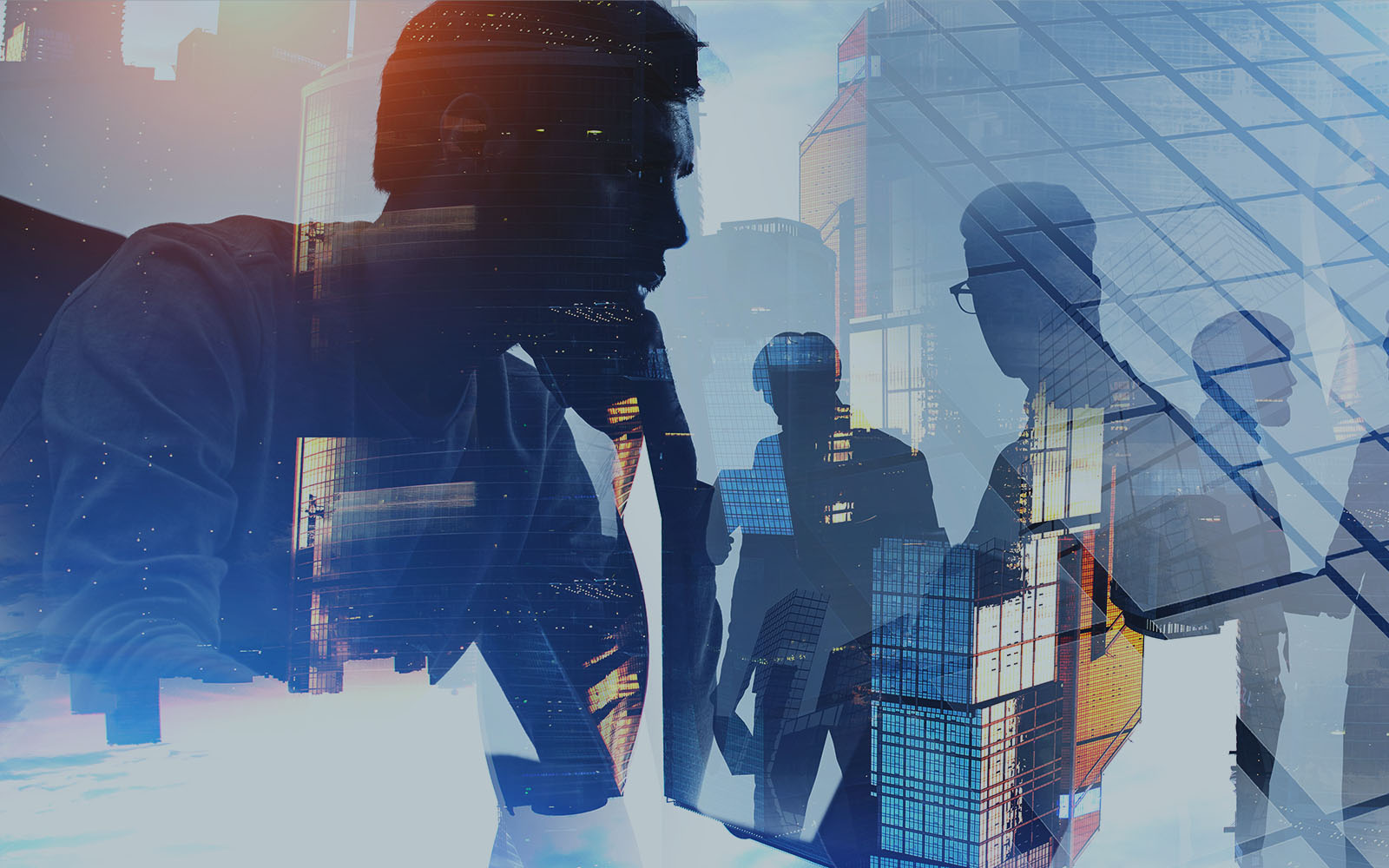 collage abstrait d'hommes d'affaires recouverts de bâtiments