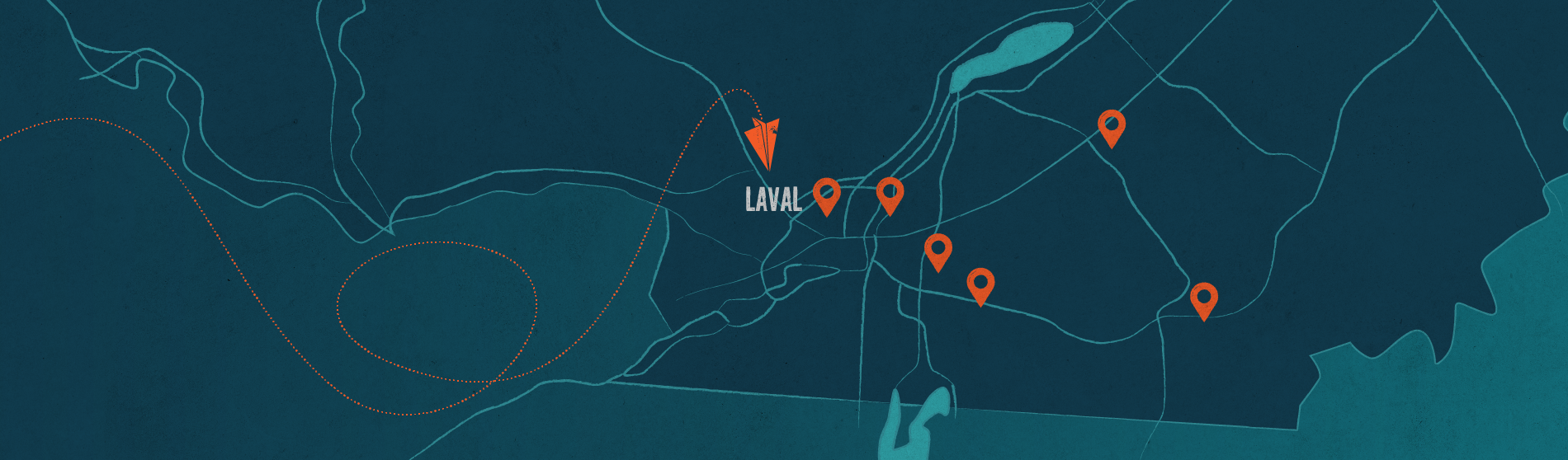 Une carte stylisée mettant en valeur Laval avec un grand marqueur, entouré de points d'intérêt plus petits dans toute la région.