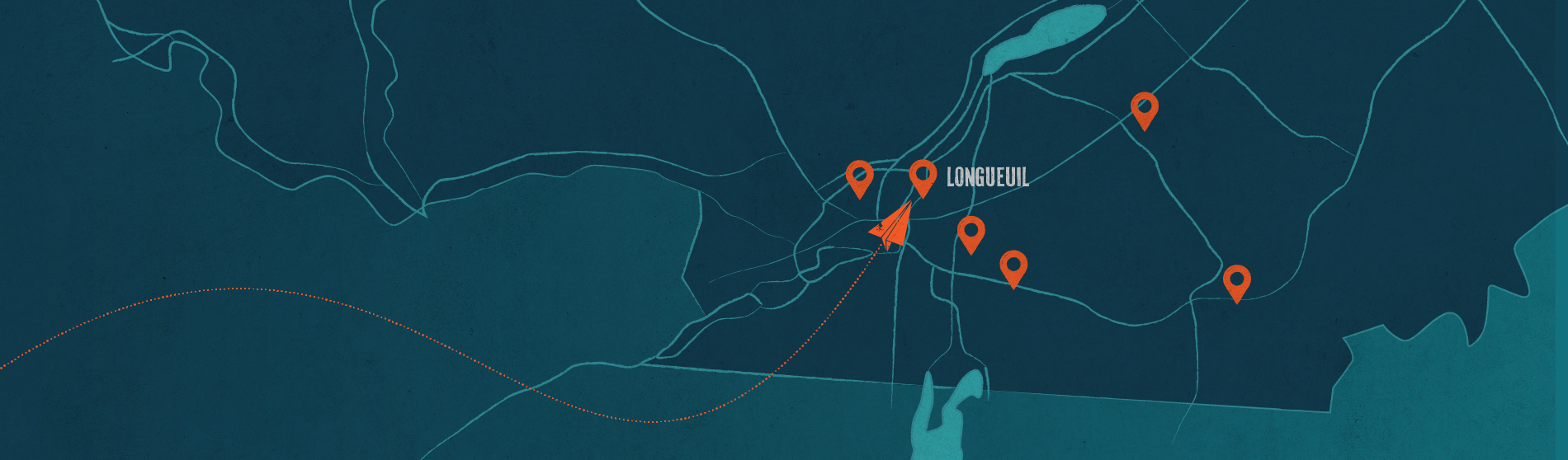 Carte présentant Longueuil avec plusieurs marqueurs de localisation, mettant en évidence les points clés et une icône d'avion indiquant les itinéraires de voyage.