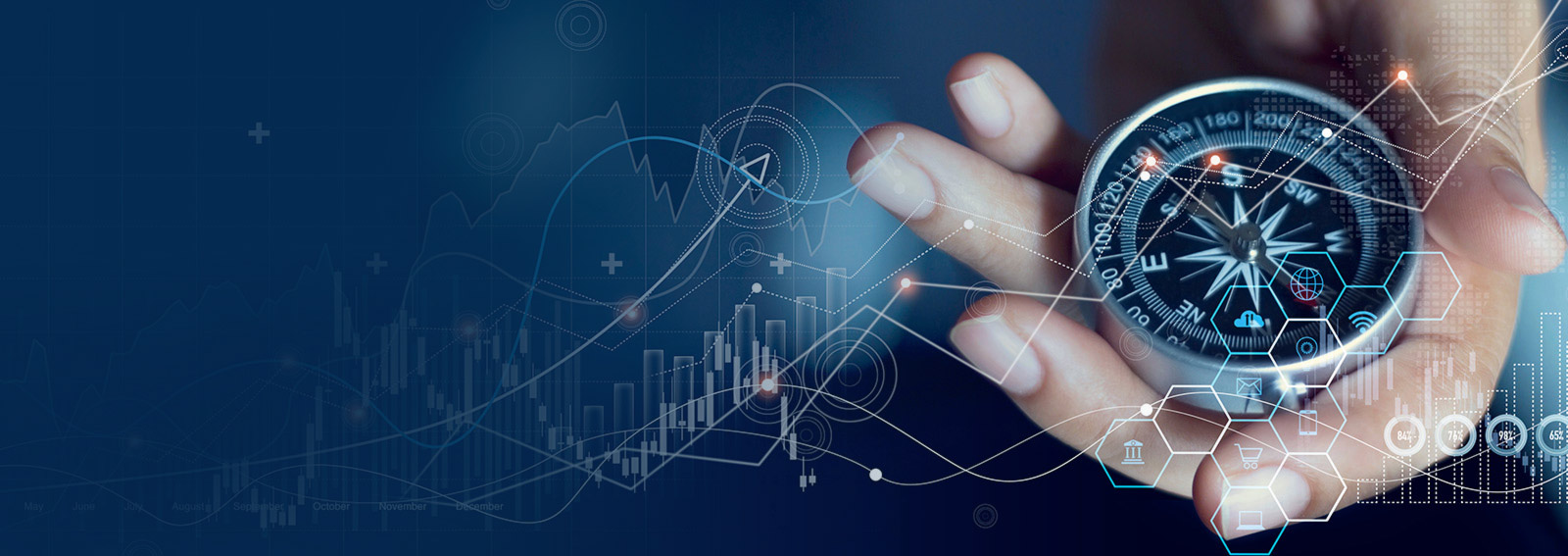 hand holding a compass with digital graphs overlaid