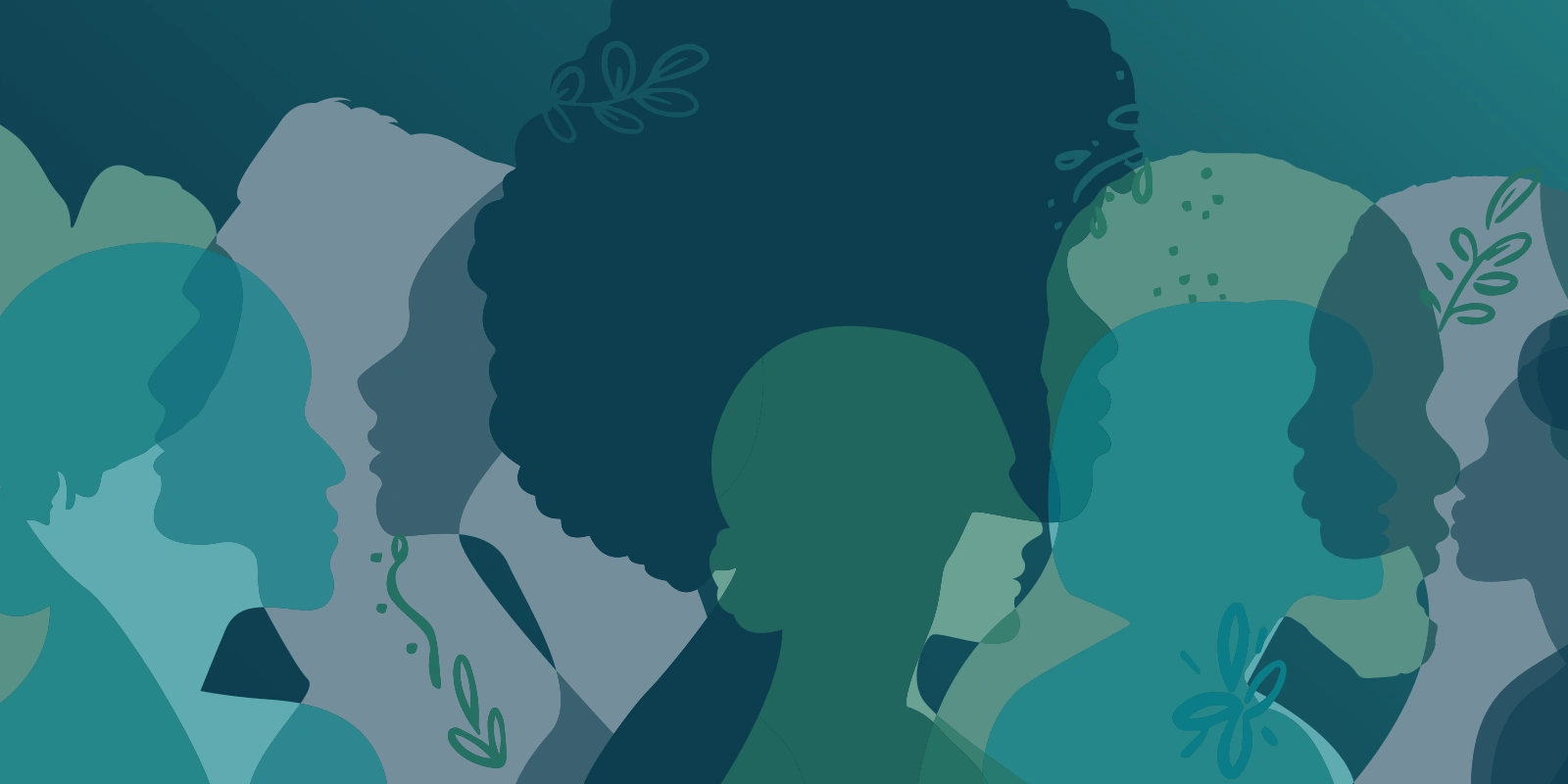 Silhouettes de visages divers en bleu et vert avec des motifs de feuilles.