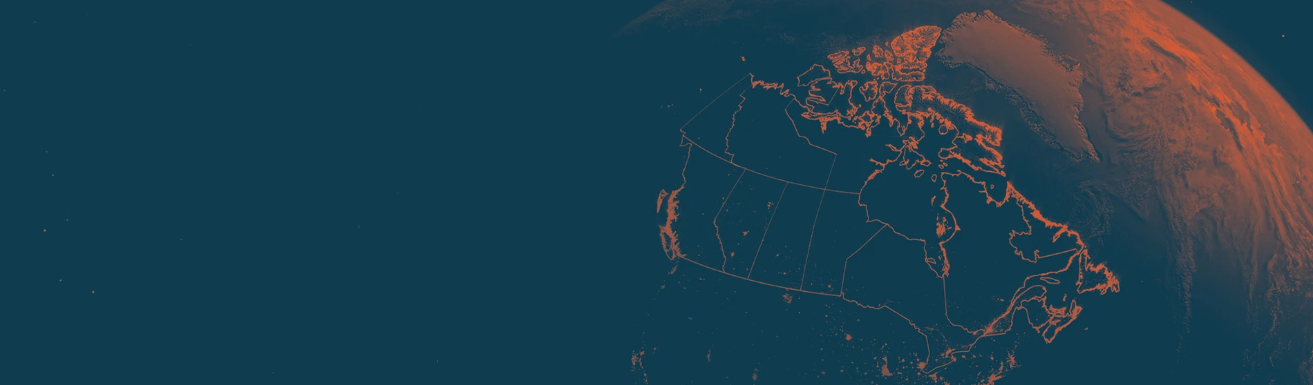A satellite view of North America, focusing on Canada. The landmasses are outlined with borders, and city lights are visible, indicating populated areas. 